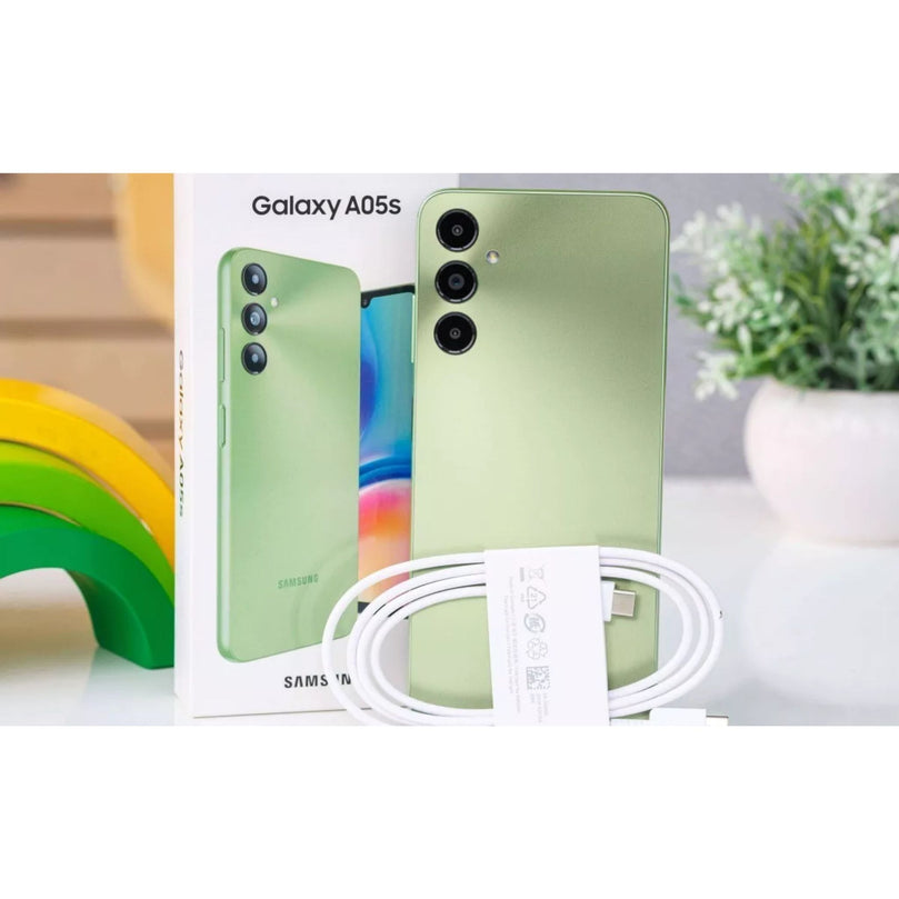 Galaxy A05S in green showcasing the front and box
