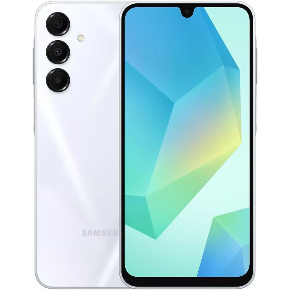 Galaxy A16 in white showcasing the front and back