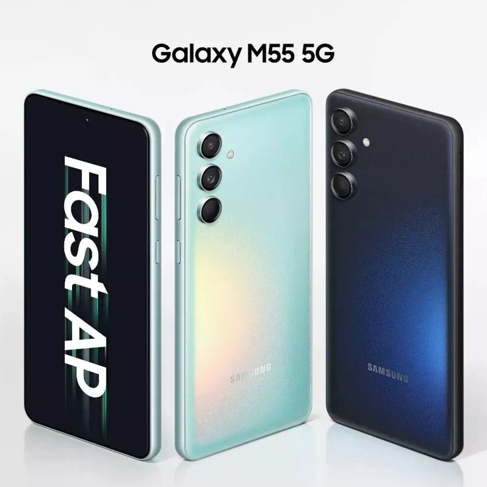Galaxy M55  in blue showcasing the front and back
