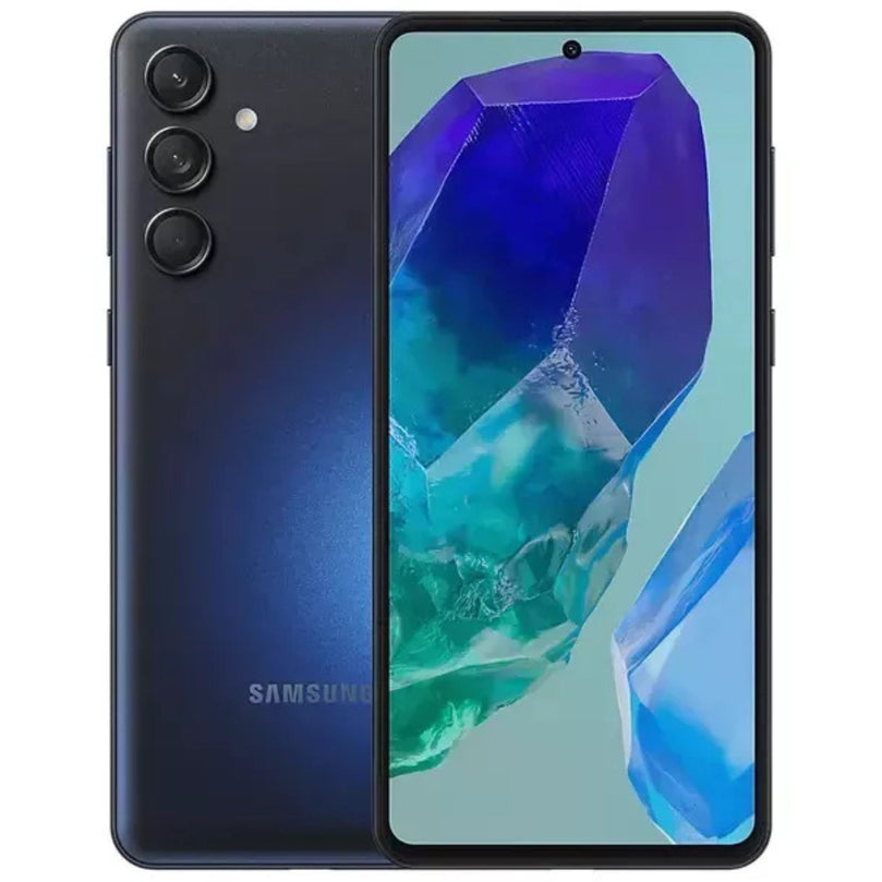 Galaxy M55 in blue showcasing the front and back
