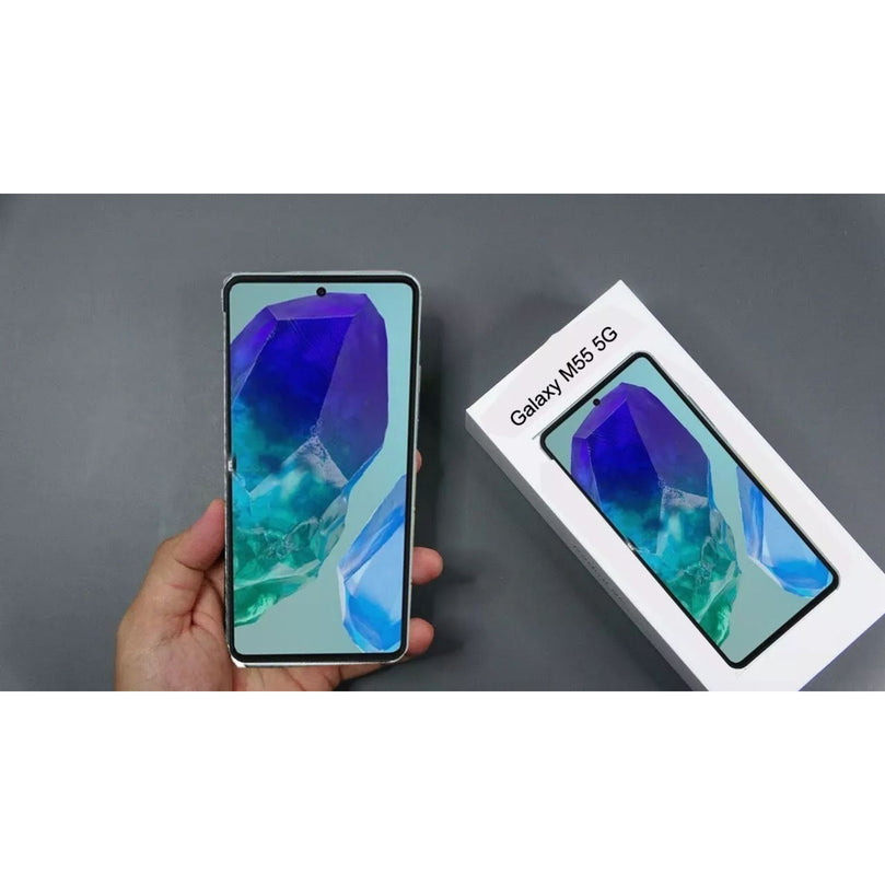 Galaxy M55 showcasing the front and box
