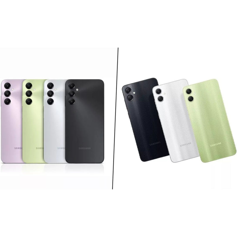 Samsung A05 in different colors being compared to another Samsung model.