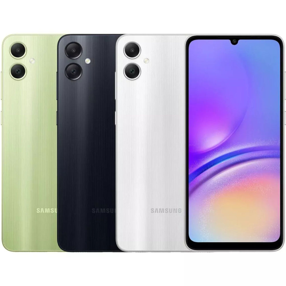 Samsung A05 showcasing the home screen and the backside of the phone in different colors.