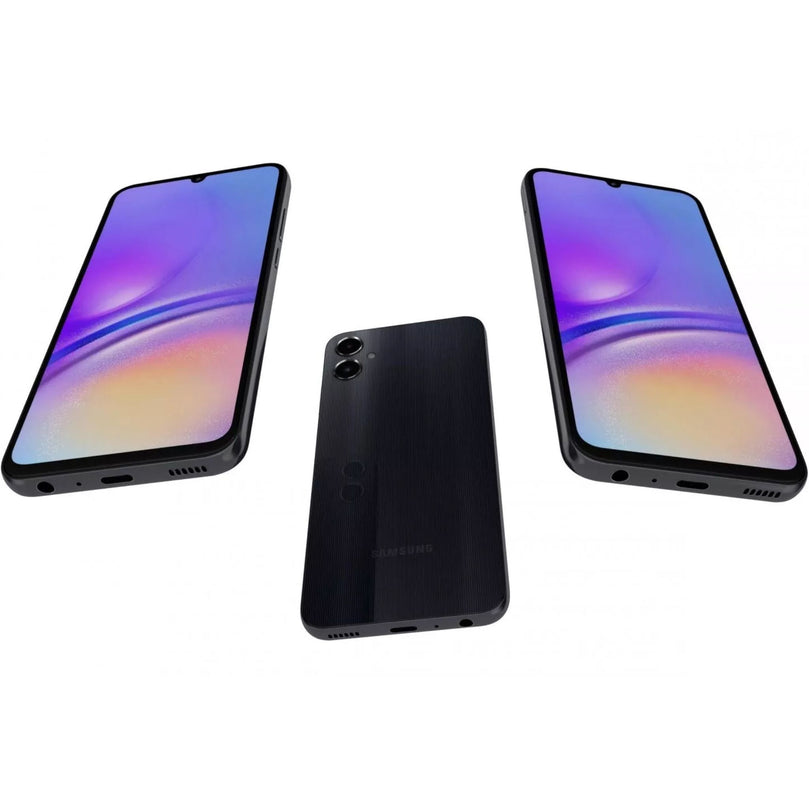 Samsung A05 in black showcasing the home screen.