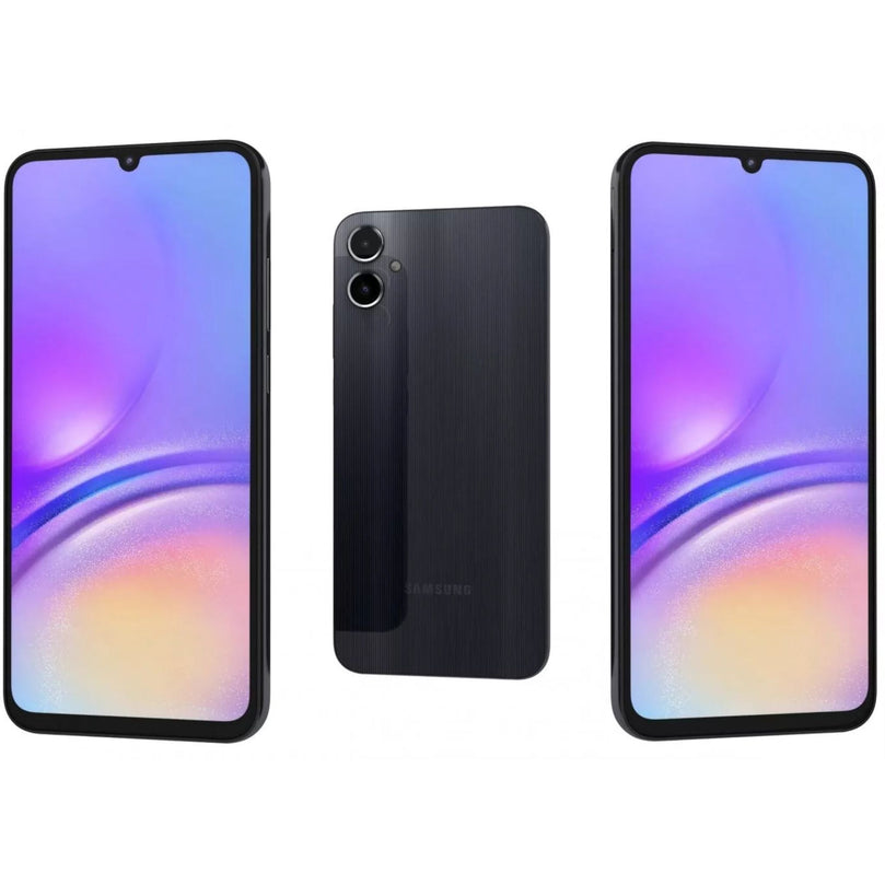 Samsung A05 in black showcasing the home screen.