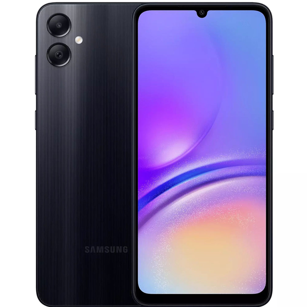 Samsung A05 in black showcasing the home screen.