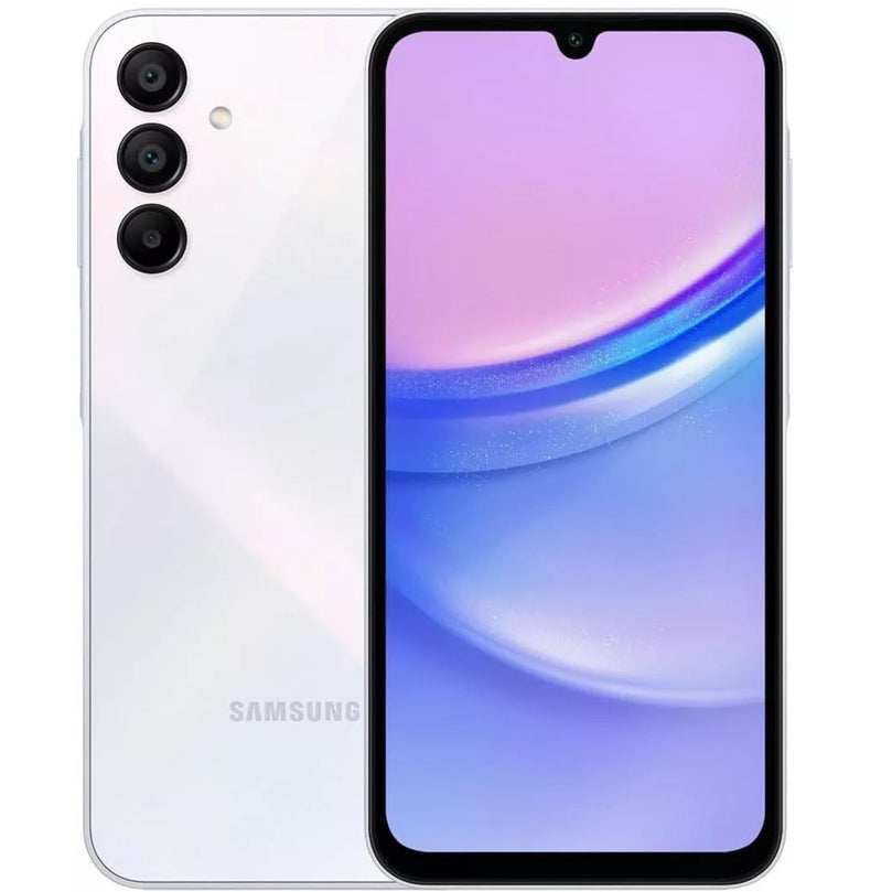 Samsung A15 in white showcasing the home screen.