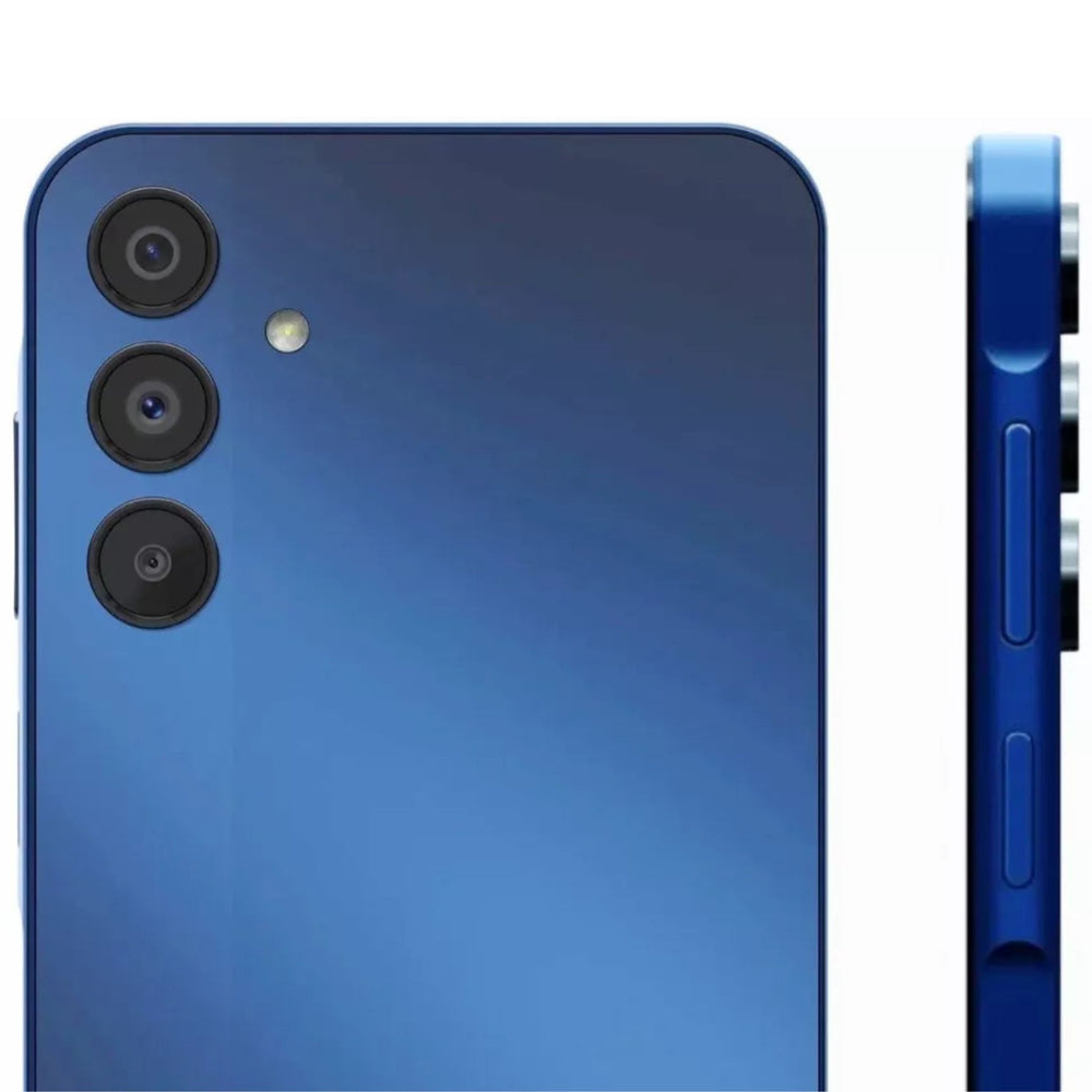 Samsung A15 in blue showcasing the backside.