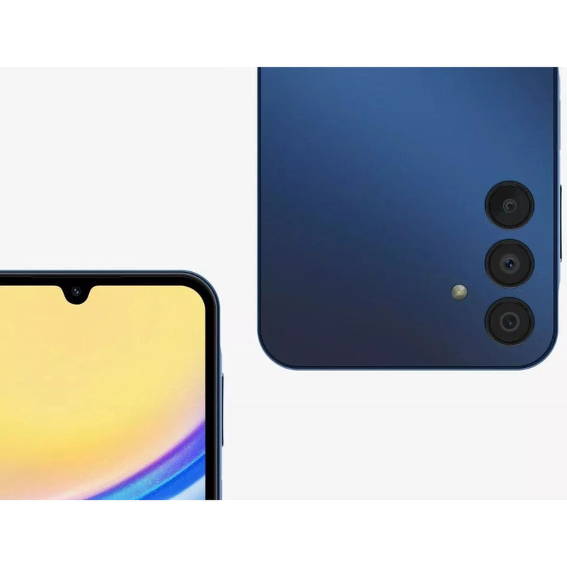 Samsung A15 in blue showcasing part of the home screen and the camera.