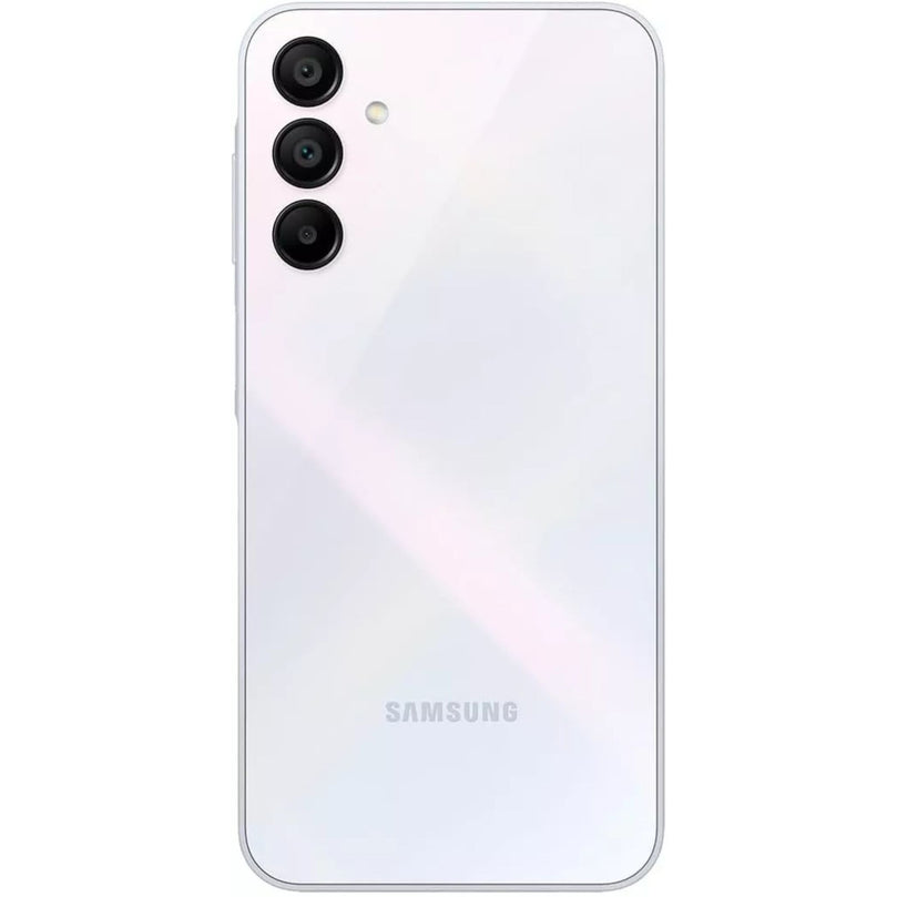 Samsung A15 in white showcasing the backside. 