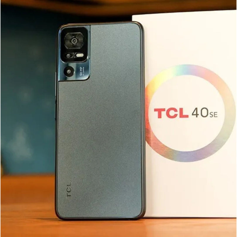 TCL 40 SE being showcased next to it's box.