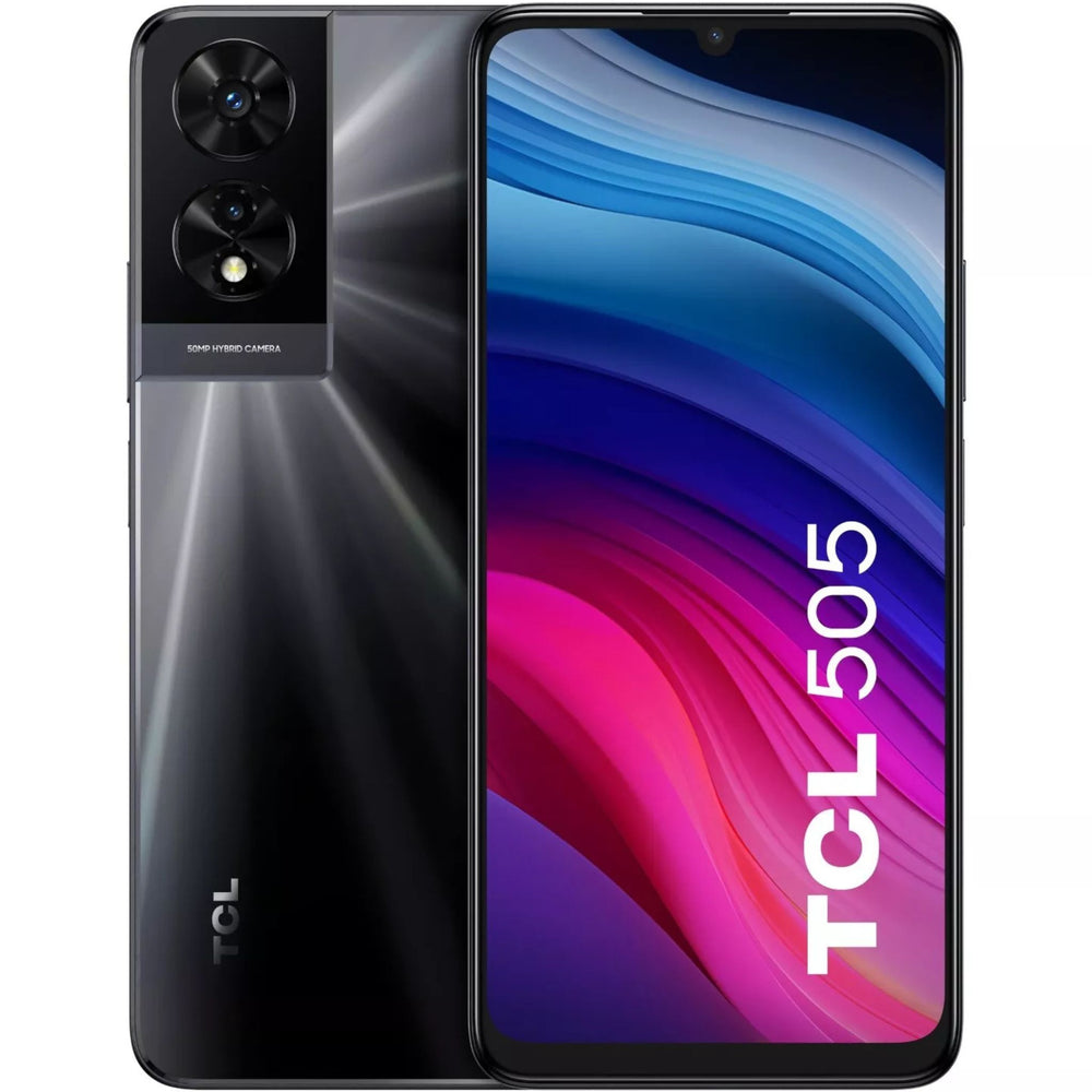 TCL 505s in black showcasing the home screen.