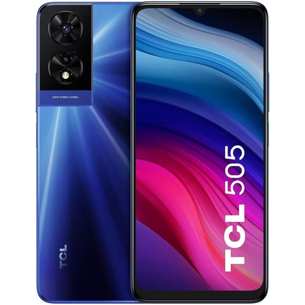 TCL 505s in blue showcasing the home screen.