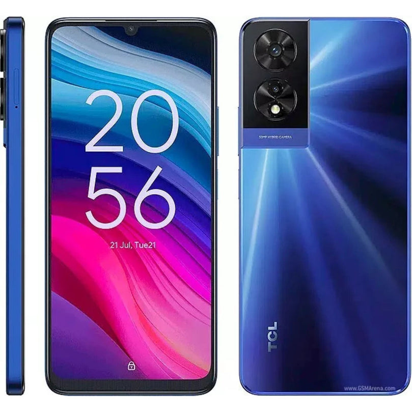 TCL 505s in blue showcasing the home screen and backside.