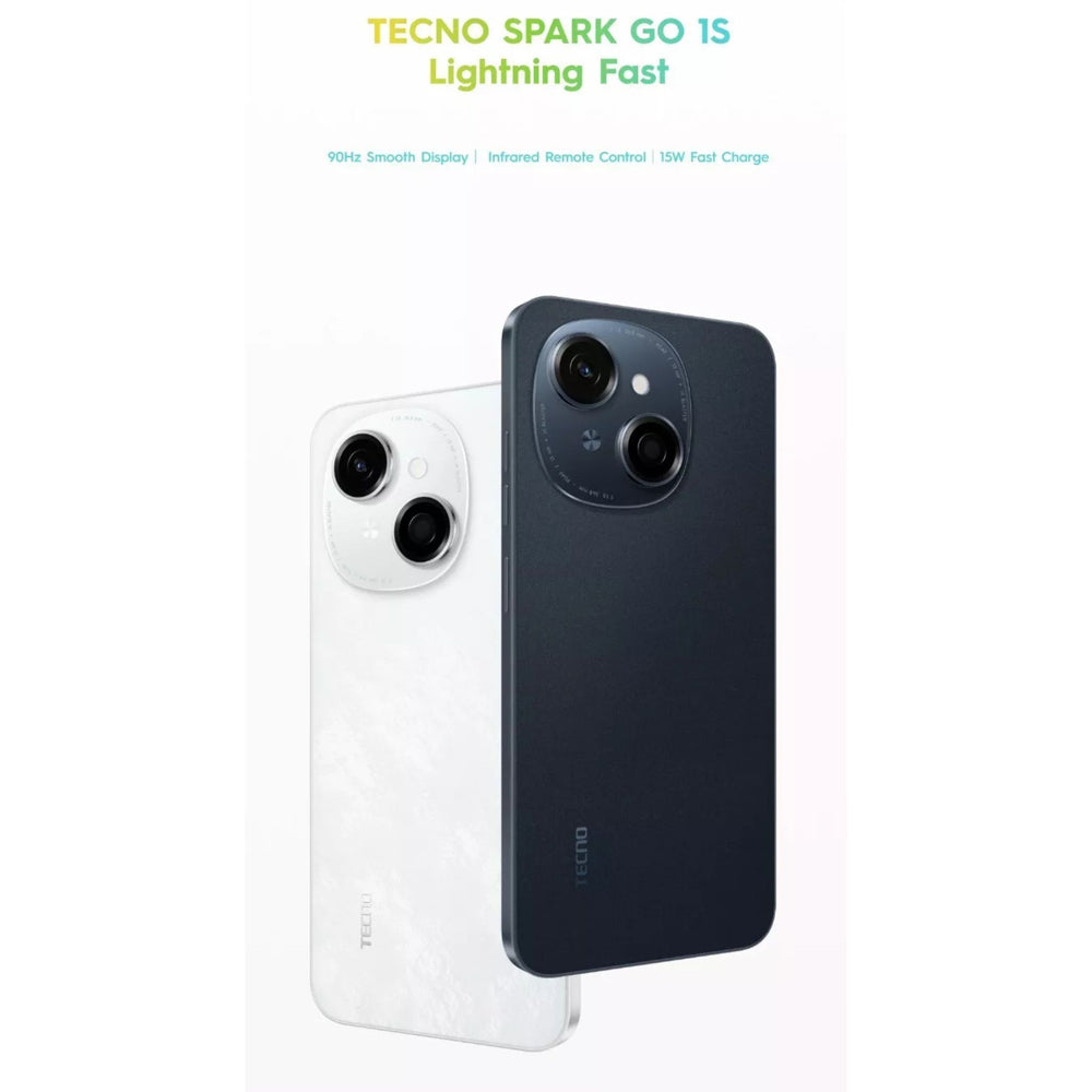 Tecno Spark Go 1S banner advertising the 90 hz screen, infrared remote control, and 15W fast charger. 