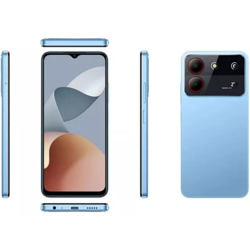 ZTE Blade A54 in blue showcasing the home screen.