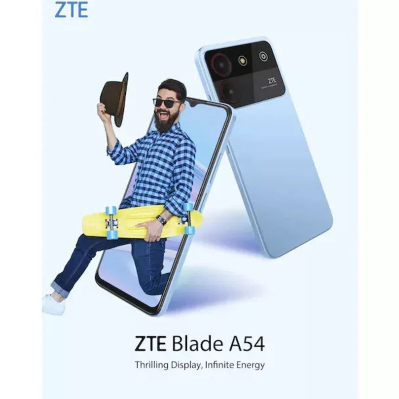ZTE Blade A54 in blue showcasing the display