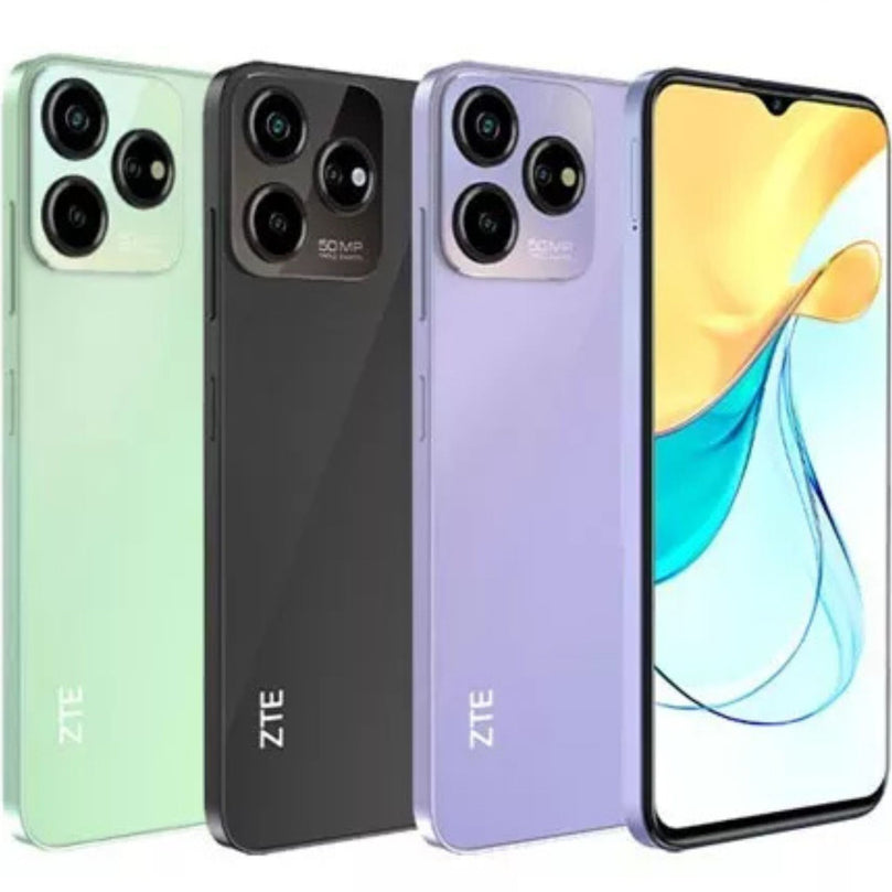 ZTE Blade V50 in various colors showcasing the home screen and backside.